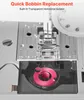 Close-up of a sewing machine's bobbin area, highlighting the quick bobbin replacement feature. Voir les images du produit