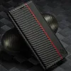 A black carbon fiber wallet case with a red stripe is displayed on a textured black surface. Produktbild-Vorschau