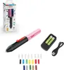 A pink and black Bosch Gluey cordless hot glue pen is displayed with its packaging, charging dock, batteries, and various colored glue sticks. Produktbild-Vorschau
