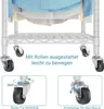 A close-up of a metal shelving unit with casters, showing different features of the wheels. Voir les images du produit