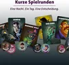 A collection of cards and tokens for a board game, displayed on a dark background. Produktbild-Vorschau