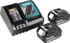 A Makita battery charger and two batteries are shown on a white background. Podgląd zdjęcia produktu