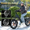 A woman riding an electric bike outdoors, with close-up insets highlighting the disc brakes. Produktbild-Vorschau