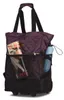 A purple wheeled shopping bag with black handles and trim, shown against a white background. A magazine and a folded umbrella are visible in the side pockets. Voir les images du produit