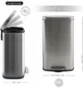 A split image showing a stainless steel trash can with its lid open on the left, and a closed view of the same trash can with dimensions and capacity indicated on the right. Produktbild-Vorschau