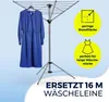 A blue dress is hanging on a clothes drying rack. There are two yellow circles with text and icons on the right side of the image, and text at the bottom. Produktbild-Vorschau