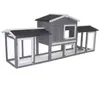 A grey wooden rabbit hutch with a black roof and white trim, set against a white background. Voir les images du produit
