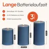 Three blue LED candles of different sizes are displayed with text and measurements indicating features and dimensions. Voir les images du produit