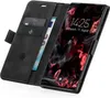 A black flip-style phone case with a phone inside, showing the lock screen. Produktbild-Vorschau