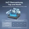 A marketing image for a Reolink NVR recorder, showcasing its storage capacity and 24/7 surveillance capabilities with a table of recording durations. Produktbild-Vorschau