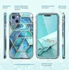 A product image showing an iPhone case with a marble and geometric design, along with a screen protector. The image highlights various features of the case. Podgląd zdjęcia produktu