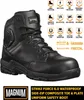 A black Magnum safety boot is shown with various feature icons and text overlays. Produktbild-Vorschau