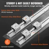 A close-up, angled view of linear guide rails and slide blocks, with text overlays highlighting product features. Produktbild-Vorschau