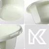 A collage of four close-up images of a white plastic basin, showing different angles and details, with a large white 'K' logo on a gray background in the bottom right quadrant. Produktbild-Vorschau