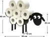 A black metal sheep-shaped toilet paper holder filled with toilet paper rolls, with dimensions indicated by text overlays. Anteprima dell’immagine prodotto