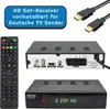 A collage showing a satellite receiver, its remote control, and HDMI cables. Produktbild-Vorschau