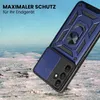 A rugged blue phone case with a ring holder is shown in a snowy, outdoor environment. Produktbild-Vorschau