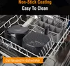 The image shows parts of an air fryer placed inside a dishwasher. The text indicates that the product has a non-stick coating and is easy to clean, and can be used in a dishwasher. Produktbild-Vorschau