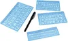 A set of blue plastic stencils with letters and numbers, along with a black pen, are arranged on a white background. Produktbild-Vorschau
