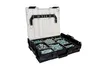 A clear, professional shot of a transparent and black organizer box filled with various metal fasteners, set against a white background. Náhled obrázku produktu