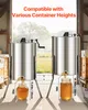 Two stainless steel honey extractors are shown with jars of honey being filled from their spigots. Dimensions are indicated with measurement lines and text. Anteprima dell’immagine prodotto
