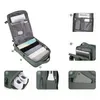 A collage of images showing the features and compartments of a green travel backpack. Podgląd zdjęcia produktu