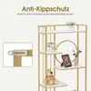 A close-up view of a multi-tiered shelf unit with decorative items, alongside a detail of an anti-tip safety bracket. Produktbild-Vorschau