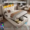 A bedroom scene featuring a bed with storage and LED lighting, a desk, and a chair. Náhled obrázku produktu