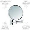 A wall-mounted cosmetic mirror with promotional text and icons highlighting its features. Produktbild-Vorschau