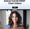 A split image showing a woman's face, with one side displaying 1080p quality and the other 720p quality, with a webcam shown at the top. Produktbild-Vorschau