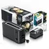 A product shot of a toaster and an egg cooker set, with their packaging in the background. Produktbild-Vorschau