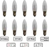A grid of ten clear, candle-shaped light bulbs with silver bases, arranged in two rows of five. Below the bulbs are several text boxes and icons. Produktbild-Vorschau