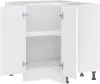 A white corner kitchen base cabinet with its doors open, revealing two shelves inside. The cabinet is shown from a slightly angled front view. Anteprima dell’immagine prodotto