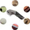 A collage of images showing an electric scissors and various materials it can cut, along with a stack of boxes. Náhled obrázku produktu