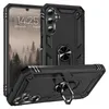 A black protective phone case with a ring holder is shown from multiple angles, with a phone screen displaying a time and date. Produktbild-Vorschau