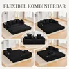 A collage of images showing a black modular sofa bed in various configurations, set in a home environment. Produktbild-Vorschau