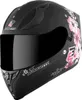 A black motorcycle helmet with pink floral accents and branding. Produktbild-Vorschau