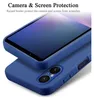 A blue phone case is shown from two angles, highlighting its camera and screen protection features. Produktbild-Vorschau