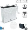 A white planter with a textured surface, shown with dimensions and feature callouts. Podgląd zdjęcia produktu