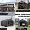 A collage of four images showing different applications of a gray carport/storage tent. Produktbild-Vorschau