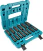 A set of black impact sockets in a teal plastic case, with the case open. Produktbild-Vorschau