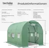 A product information graphic for a tectake garden foligewächshaus (foil greenhouse). It includes dimensions, technical data, and delivery contents, with an image of the greenhouse. Náhled obrázku produktu