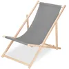 A grey fabric deck chair with a wooden frame, shown from a side angle on a white background. Produktbild-Vorschau