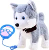 A plush husky toy dog with a leash and a blue paw-shaped handle. Produktbild-Vorschau