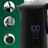 A collage showing a black electric kettle with a digital display, along with close-up views of its lid, interior, and power base. Náhled obrázku produktu
