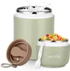 Two food containers, one with a lid off, and a spoon. One container is filled with fruit salad, and the other has milk splashing into it. Produktbild-Vorschau