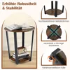 A round, two-tiered side table with a rustic brown wood finish and black metal legs, shown with books and a radio on its shelves. The image also includes close-up diagrams highlighting the table's features. Náhled obrázku produktu