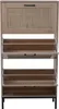 A front view of a wooden shoe cabinet with three flip-down compartments and a rattan front panel. Anteprima dell’immagine prodotto
