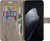 A flip cover wallet case for a smartphone, showing credit cards and a banknote. Produktbild-Vorschau