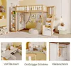 A multi-panel image showcasing a loft bed with integrated storage and wardrobe, along with close-ups of its features. Anteprima dell’immagine prodotto